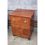 A Georgian mahogany and banded close stool/commode with lift-up lid and lion mask ring handles, on