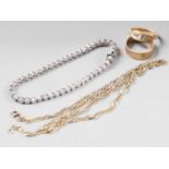 A silver and paste tennis bracelet, a 9ct gold flat link necklace, 4.3g, a 9ct gold engraved band,