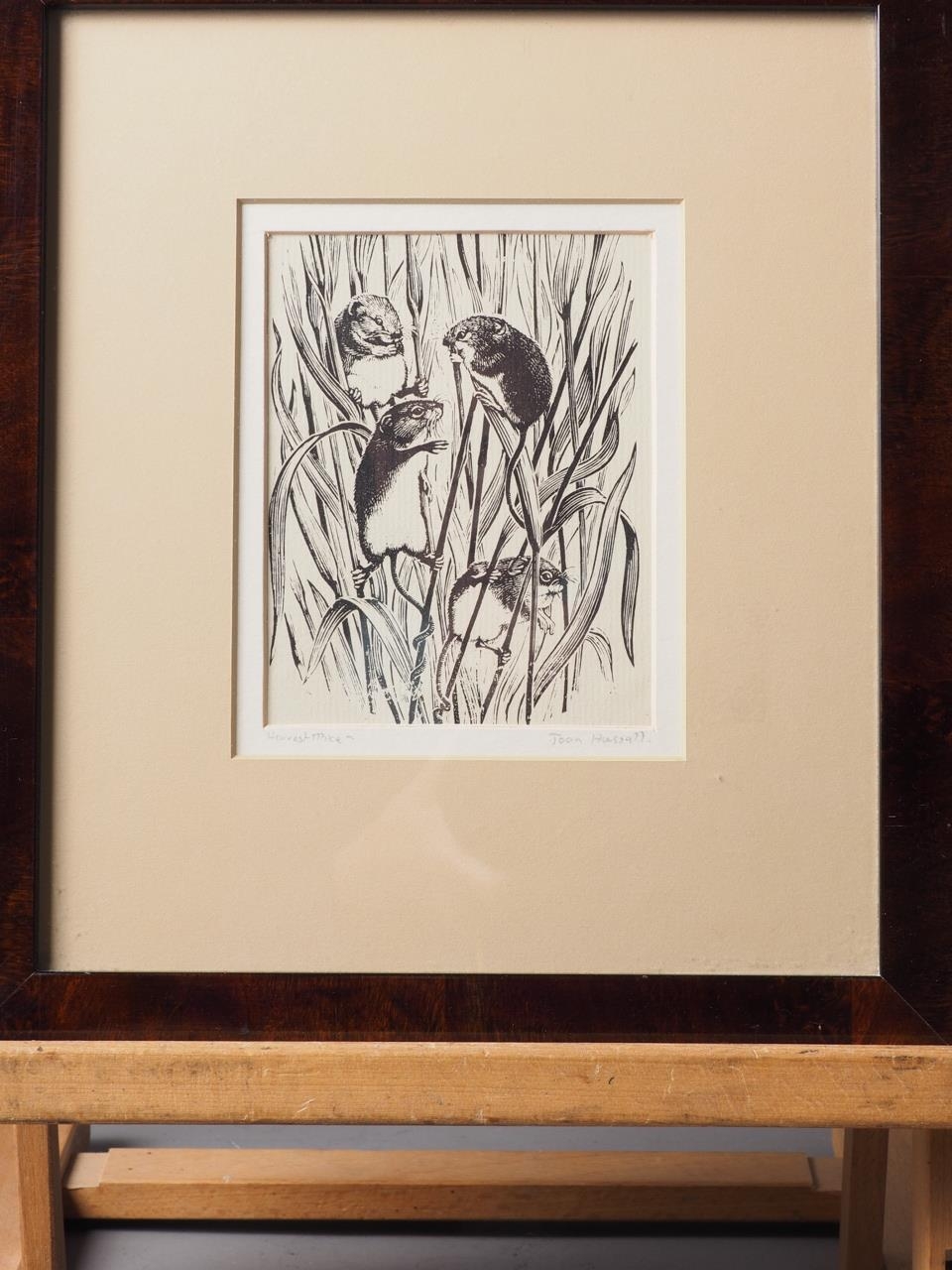 Joan Hussell: wood engraving, "Harvest Mice", in wood effect frame, and a Kono Bairei colour print