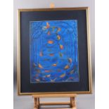 J Golland: three abstract oil paintings, "Vortex" 14 3/4" x 20", "Flamenco" 17 1/4" x 13 1/4",