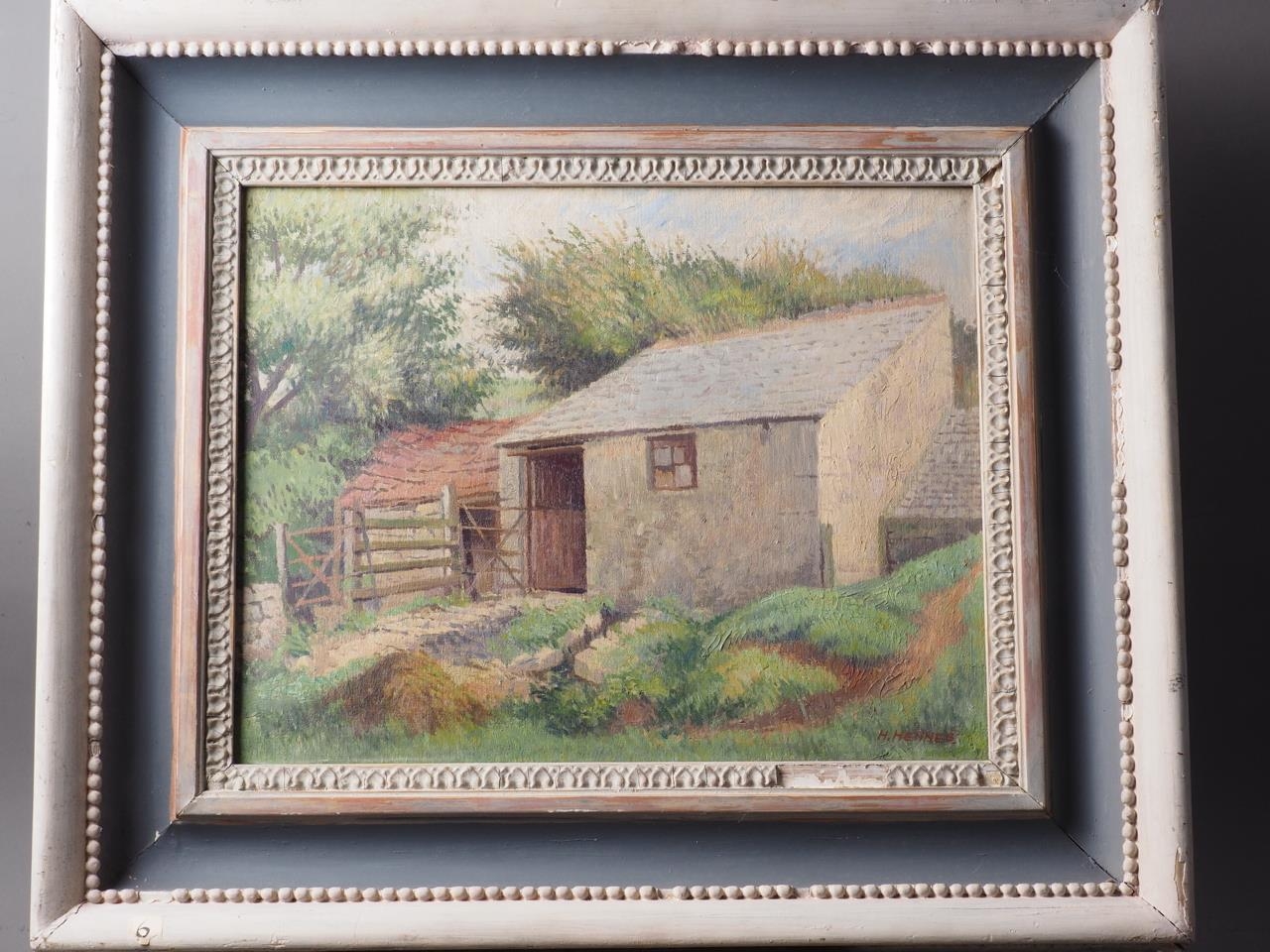 Hubert Hennes: oil on canvas, "Farm Buildings, Wales", 13 1/2" x 17 1/2", in painted strip frame, - Image 3 of 4