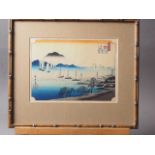 Utagawa Hiroshige: a Japanese wood block print, "Fishing Boats returning to Yabase", in faux