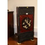 A Chinese lacquer, bone and mother-of-pearl inlaid two-fold firescreen, 14" wide x 30" high