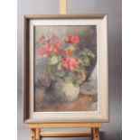 Patty Martin: oil on board, still life of flowers in a vase "Geraniums", 14 1/4" x 10 1/2", in