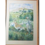 Hilary Hennes: gouache, "Plas Uchaf", geese in a landscape, 20 1/4" x 13 1/2", in wooden strip