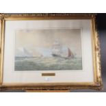 G S Walters: watercolours, "In the Downs off St Margarets", ships on choppy waters, 12" x 19", in