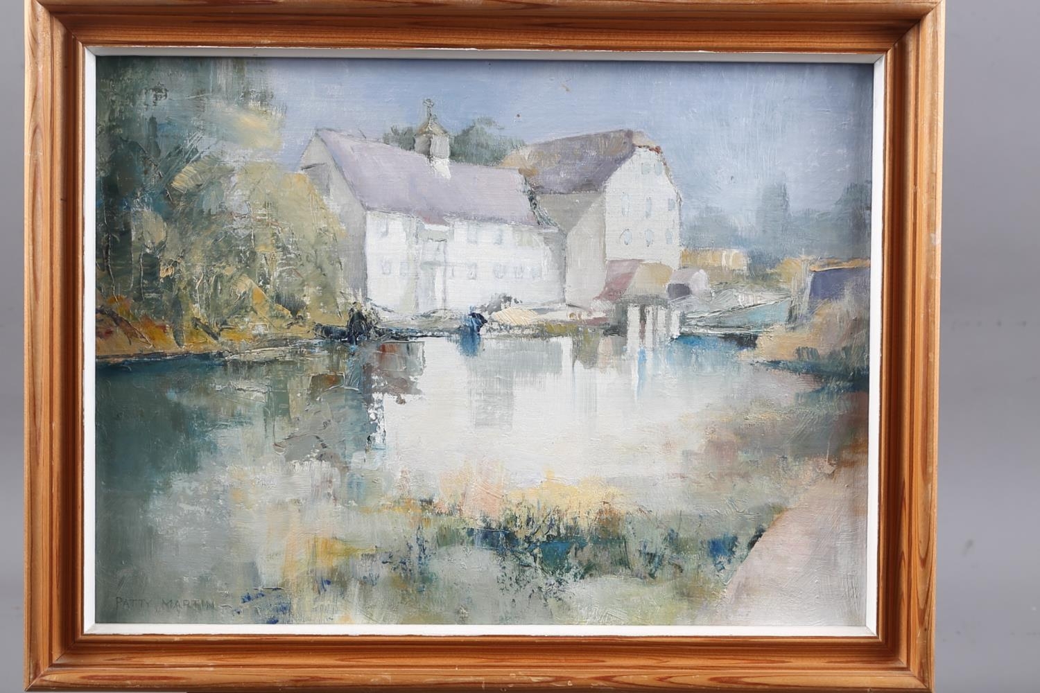 Patty Martin: oil on board, "Hambleden Mill", 11 1/2" x 15 1/2", in pine strip frame