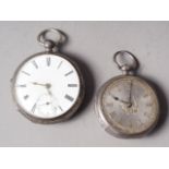 A silver cased open faced pocket watch with silvered dial and Roman numerals, and another similar