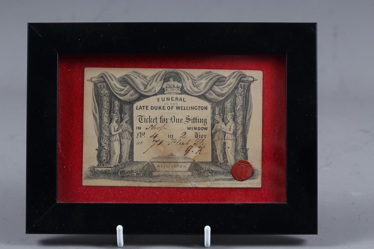 A mid 19th century ticket to view the funeral of the late Duke of Wellington, 3" x 4 1/2", in