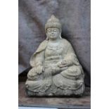 A cast stone seated Buddha, on lotus, 24" high