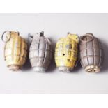 A yellow painted inert Mills No 35M MK I grenade, a No 5 MK 1, by H Hope & Sons 8/15, a No 36M MK I,