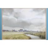 Harold Cushing: watercolours, view of Southwold, 10 1/2" x 14 1/2", in silvered frame, and J A