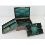 An antique jewellery box having two fitted velvet and silk lined drop in trays, 24cm wide.