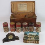 A quantity of assorted collectibles inc small mantle clock 19cm wide, magic lantern slides box,