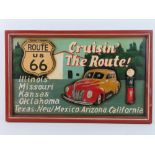A hand painted wooden sign 'Route 66 Cruisin The Route!', 59 x 37cm.