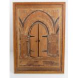 An unusual freestanding novelty framed marquetry study of an ecclesiastical Norman arch,