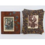 Two unusual vintage photograph frames, one with offset aperture and handpainted chrysanthemum,