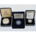 Silver proof coins; 1990 Piedfort Five Pence, 1982 Piedfort twenty pence,