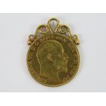 A 22ct gold half sovereign Edward VII 1905, having later pendant mount upon, 20mm dia, 4.5g.
