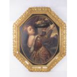 Oil on board of a finely dressed lady holding a tray of fruit aloft, no apparent signature,