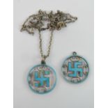 Two silver and Guilloche enamel pendants each hallmarked Birmingham 1910 (pre 1920 the swastika was
