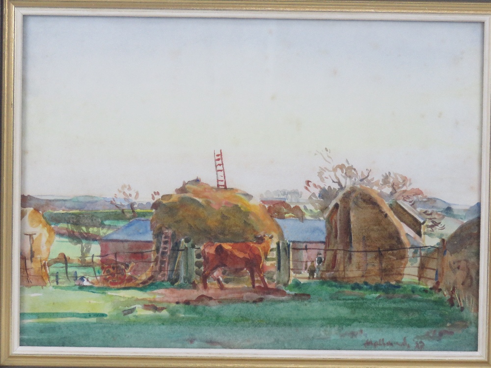 GHB (George) Holland (1901-1987), watercolour, study of a rural farm scene, cow before, - Image 2 of 6