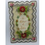 A Victorian 'A Token of Love' Sweetheart or Valentines card having message in gilt on fabric