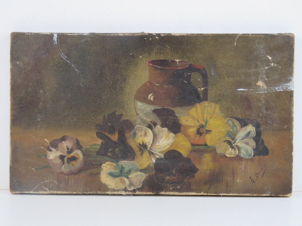 Oil on canvas; pansies before a stoneware jug, signed lower right A. Drew, a/f, 35.5 x 20.5cm.