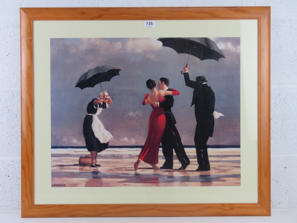 Contemporary art print; dancing couple on stormy beach with umbrella wielding servant beside,