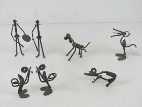 A quantity of hand made figurines using nuts, bolts, nails, etc, tallest 14cm high. Seven items.