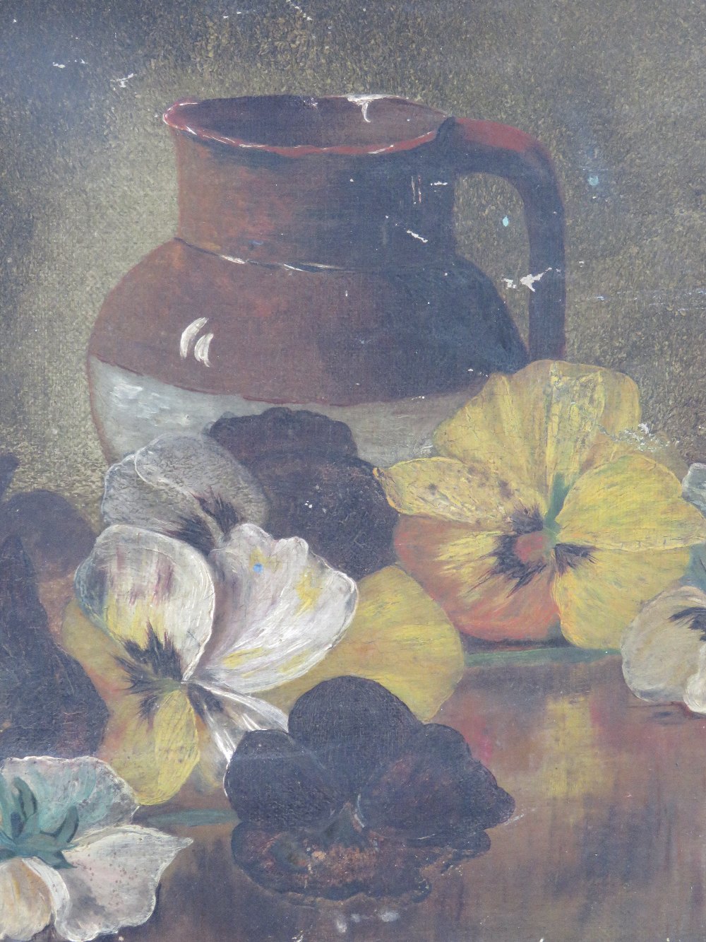 Oil on canvas; pansies before a stoneware jug, signed lower right A. Drew, a/f, 35.5 x 20.5cm. - Bild 4 aus 4