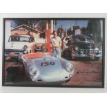 A contemporary print of James Dean next to his '130' Porsche with facsimile signature upon,