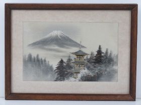 A Japanese silken thread embroidered scene of a pagoda in forest before Mount Fuji,