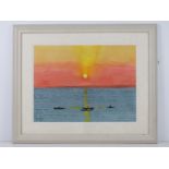 Frank Watkins; Watercolour 'Embaraduro' being a sunset scene with fishing boats upon water with land