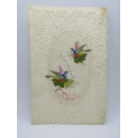 A Sweetheart or Valentines card, having central fabric panel 'I Love You Dearly,