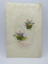 A Sweetheart or Valentines card, having central fabric panel 'I Love You Dearly,