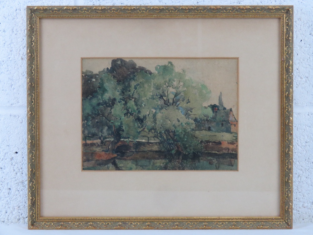 Unknown artist, watercolour, study of trees, river before, buildings beyond, unsigned, framed,