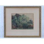 Unknown artist, watercolour, study of trees, river before, buildings beyond, unsigned, framed,