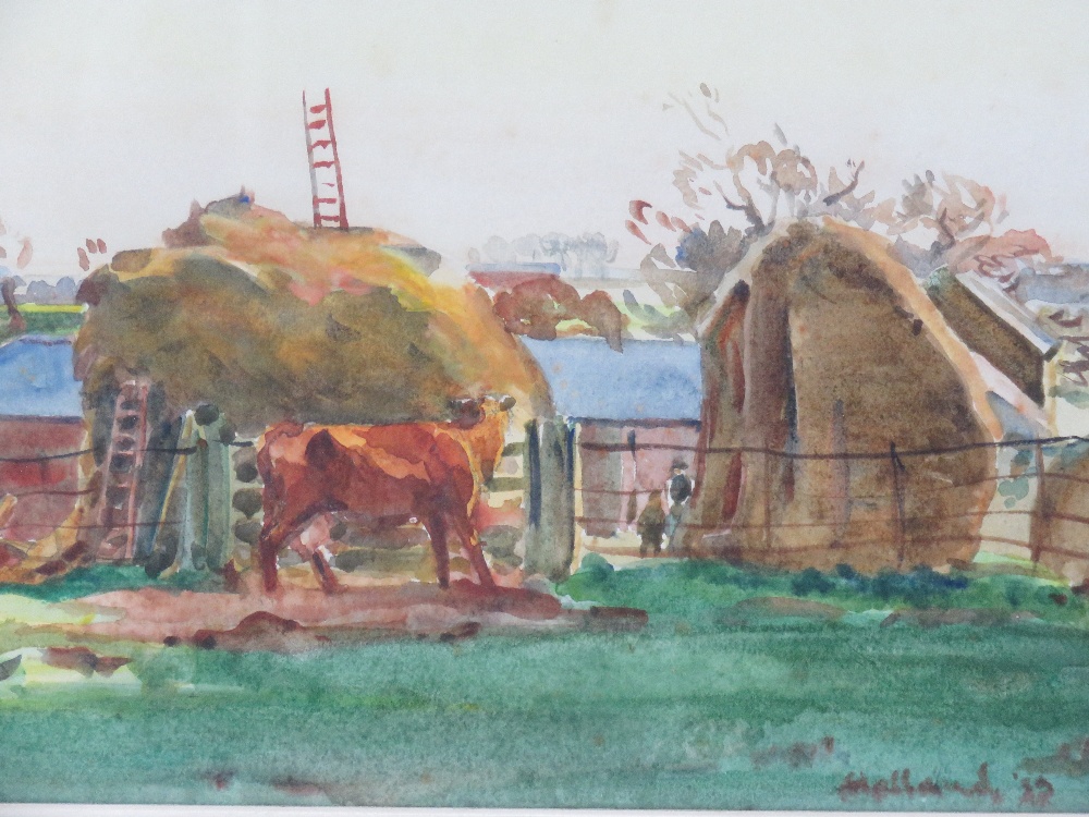 GHB (George) Holland (1901-1987), watercolour, study of a rural farm scene, cow before, - Image 4 of 6