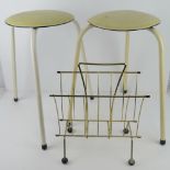 A pair of 1960s circular cushioned tripod stools, one cover a/f.