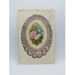A decoupage Sweetheart or Valentines card, central bouquet on paperlace, no message within,