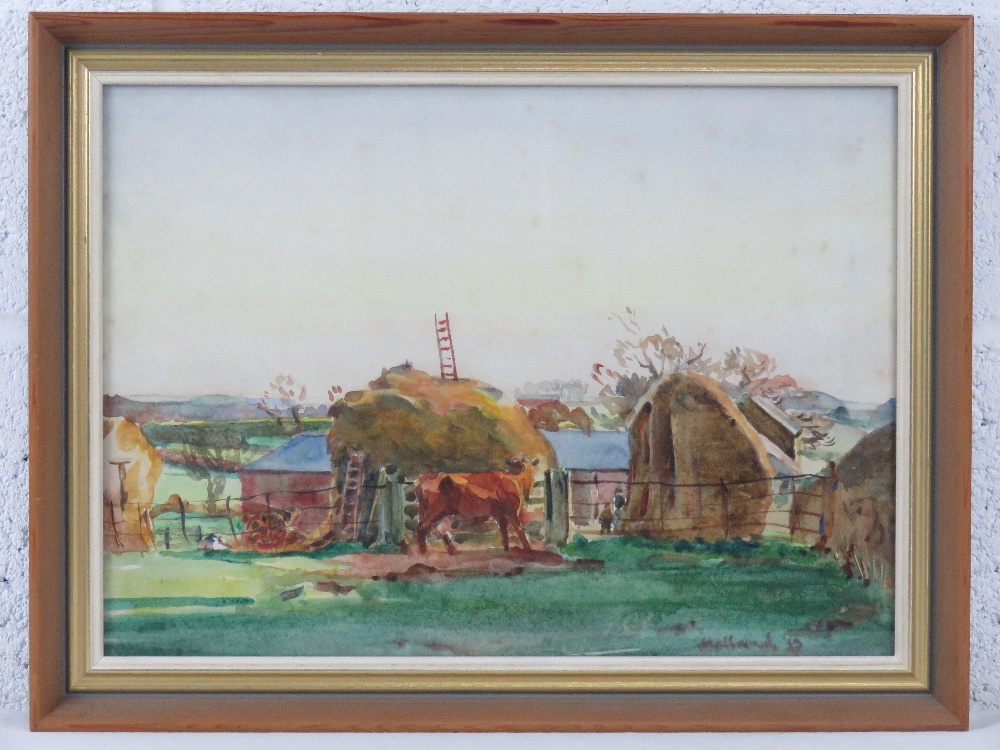 GHB (George) Holland (1901-1987), watercolour, study of a rural farm scene, cow before,