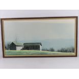 A minimalistic print on canvas of a farm house, framed.