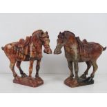 A fine opposing pair of carved marble Indo-Asian horse figurines each bearing saddle and bridle,