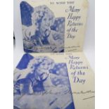 Two Shirley Temple greetings cards with facsimilie messages upon, postmarked 1938 and 1939. Each 14.