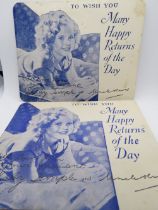 Two Shirley Temple greetings cards with facsimilie messages upon, postmarked 1938 and 1939. Each 14.