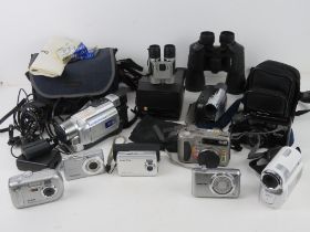 A quantity of cameras and binoculars inc a Poleroid Super Colour 635 CL, a Cannon Camcorder,