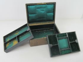 An antique jewellery box having two fitted velvet and silk lined drop in trays, 24cm wide.