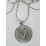 A 925 silver pendant having Nefertiti Queen of Egypt profile upon, on 925 silver chain, pendant 3.