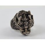 A white metal Chinese style dragon's head ring, stamped S925, size Q-R (slightly adjustable) 11.7g.